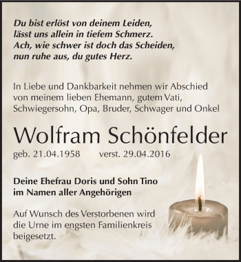 Traueranzeige von Wolfram Schönfelder von Mitteldeutsche Zeitung Merseburg/Querfurt