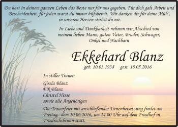 Traueranzeige von Ekkehard Blanz von Mitteldeutsche Zeitung Quedlinburg