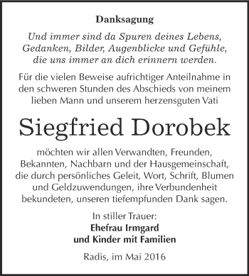 Traueranzeige von Siegfried Dorobek von WVG - Wochenspiegel Wittenberg