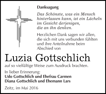 Traueranzeige von Luzia Gottschlich von Super Sonntag Zeitz