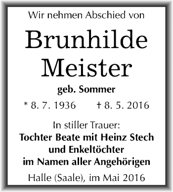 Traueranzeige von Brunhilde Meister von Mitteldeutsche Zeitung Halle/Saalkreis