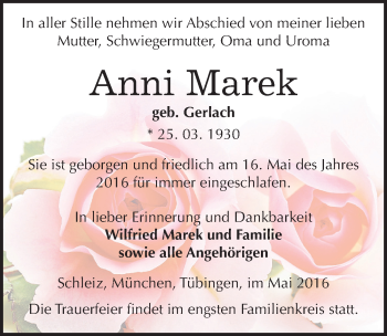 Traueranzeige von Anni Marek von Mitteldeutsche Zeitung Sangerhausen