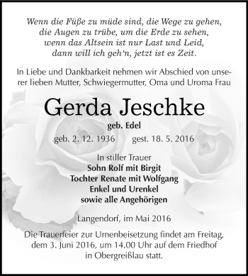 Traueranzeige von Gerda Jeschke von WVG - Wochenspiegel NMB / WSF / ZTZ