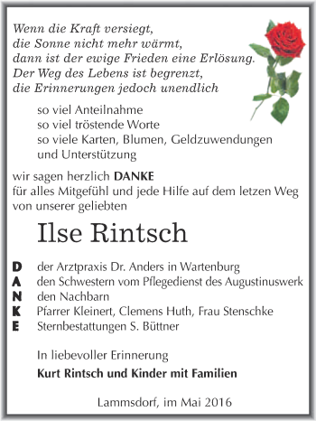 Traueranzeige von Ilse Rintsch von Super Sonntag Wittenberg
