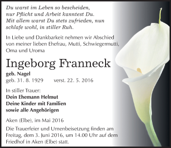 Traueranzeige von Ingeborg Franneck von Mitteldeutsche Zeitung Dessau-Roßlau