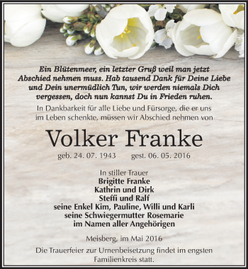 Traueranzeige von Volker Franke von Mitteldeutsche Zeitung Mansfelder Land