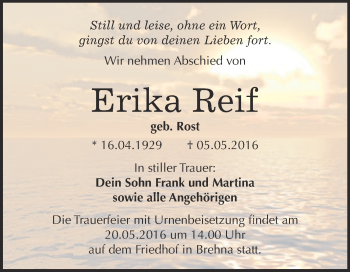 Traueranzeige von Erika Reif von WVG - Wochenspiegel Bitterfeld