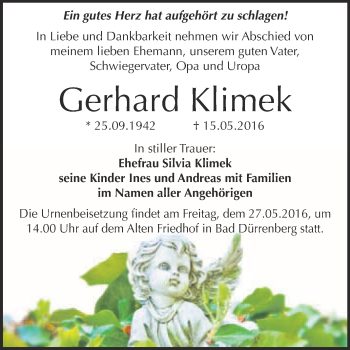 Traueranzeige von Gerhard Klimek von Super Sonntag Merseburg