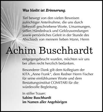 Traueranzeige von Achim Buschhardt von Mitteldeutsche Zeitung Weißenfels