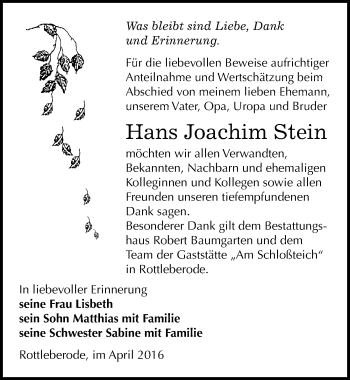 Traueranzeige von Hans Joachim Stein von Mitteldeutsche Zeitung Sangerhausen