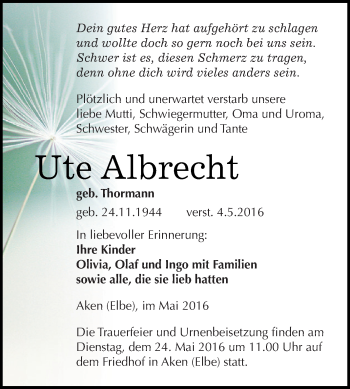Traueranzeige von Ute Albrecht von WVG - Wochenspiegel Dessau / Köthen