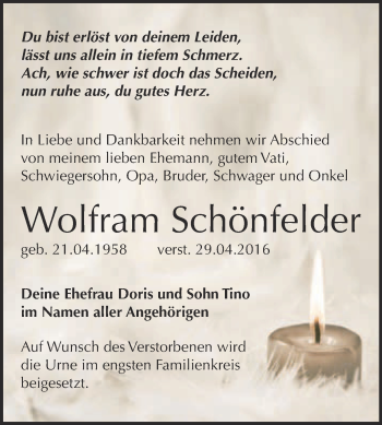 Traueranzeige von Wolfram Schönfelder von WVG - Wochenspiegel Merseburg
