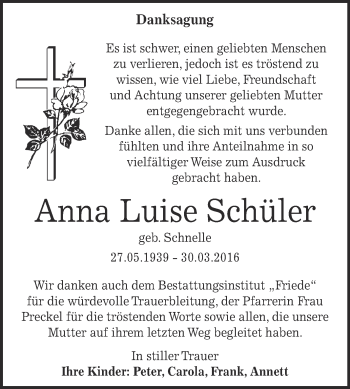 Traueranzeige von Anna Luise Schüler von WVG - Wochenspiegel Dessau / Köthen