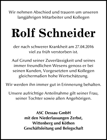 Traueranzeige von Rolf Schneider von Mitteldeutsche Zeitung Dessau-Roßlau