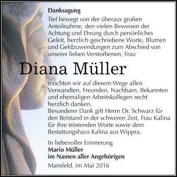 Traueranzeige von Diana Müller von Super Sonntag SGH Mansf. Land