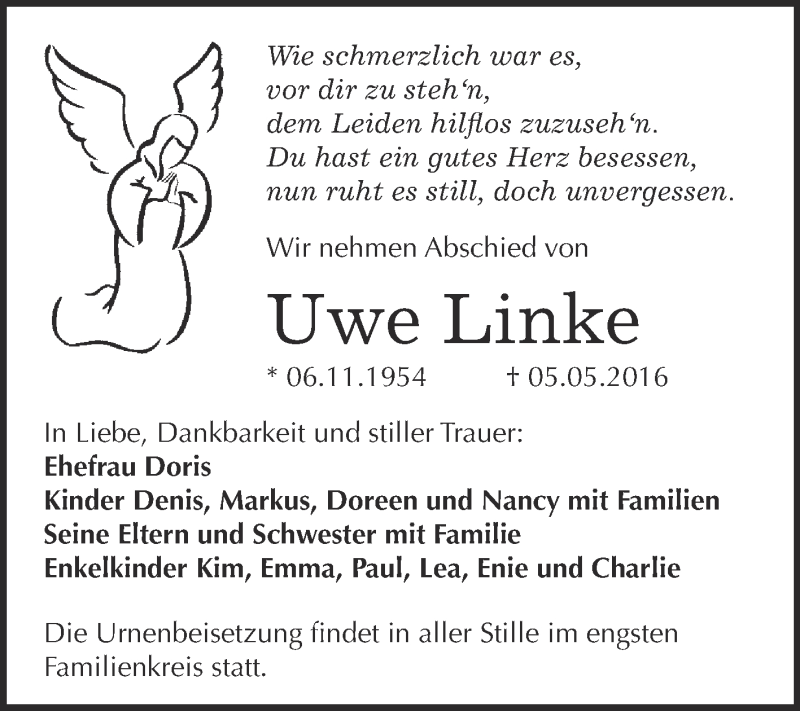  Traueranzeige für Uwe Linke vom 11.05.2016 aus WVG - Wochenspiegel Bitterfeld