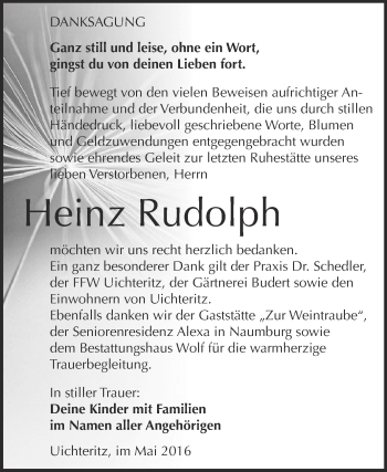Traueranzeige von Heinz Rudolph von WVG - Wochenspiegel NMB / WSF / ZTZ