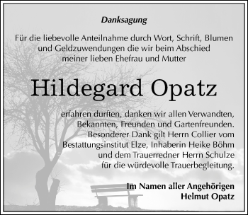 Traueranzeige von Hildegard Opatz von Mitteldeutsche Zeitung Dessau-Roßlau