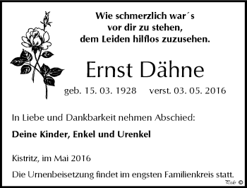 Traueranzeige von Ernst Dähne von Mitteldeutsche Zeitung Weißenfels