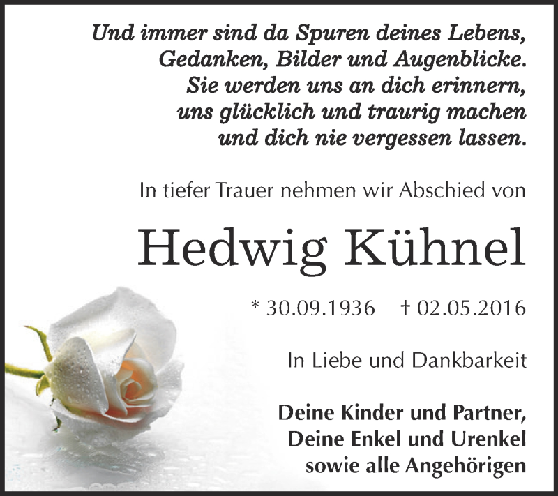  Traueranzeige für Hedwig Kühnel vom 07.05.2016 aus WVG - Wochenspiegel Dessau / Köthen