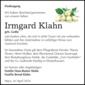 Traueranzeige von Irmgard Klahn von Super Sonntag SGH Mansf. Land