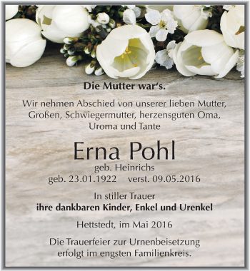 Traueranzeige von Erna Pohl von Mitteldeutsche Zeitung Mansfelder Land