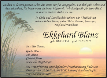 Traueranzeige von Ekkehard Blanz von Super Sonntag Quedlinburg