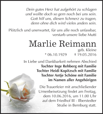 Traueranzeige von Marlie Reimann von Super Sonntag Bernburg