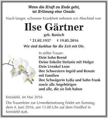 Traueranzeige von Ilse Gärtner von Mitteldeutsche Zeitung Mansfelder Land