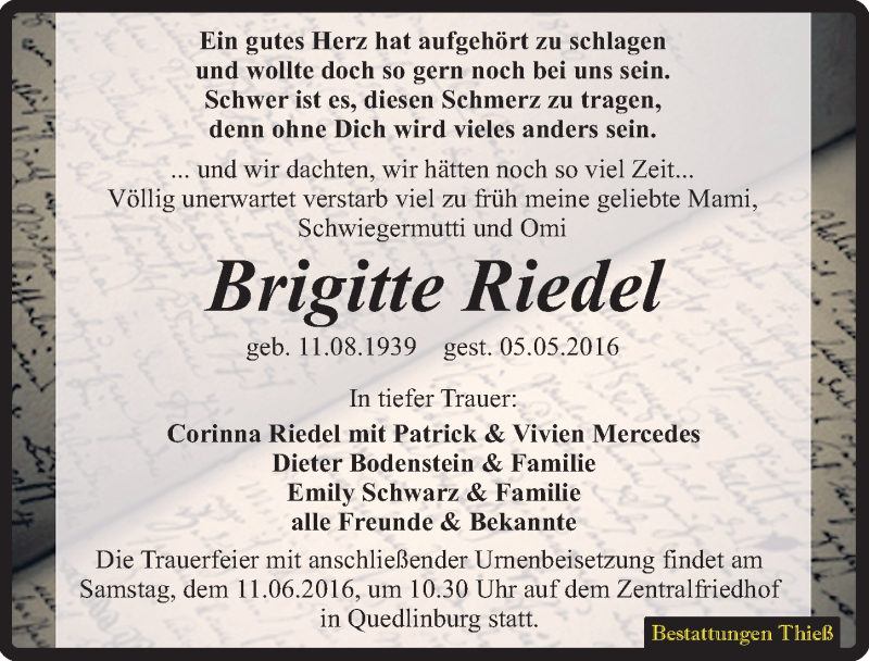  Traueranzeige für Brigitte Riedel vom 14.05.2016 aus Mitteldeutsche Zeitung Quedlinburg