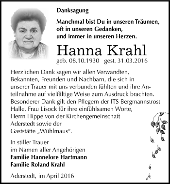 Traueranzeige von Hanna Krahl von Mitteldeutsche Zeitung Bernburg