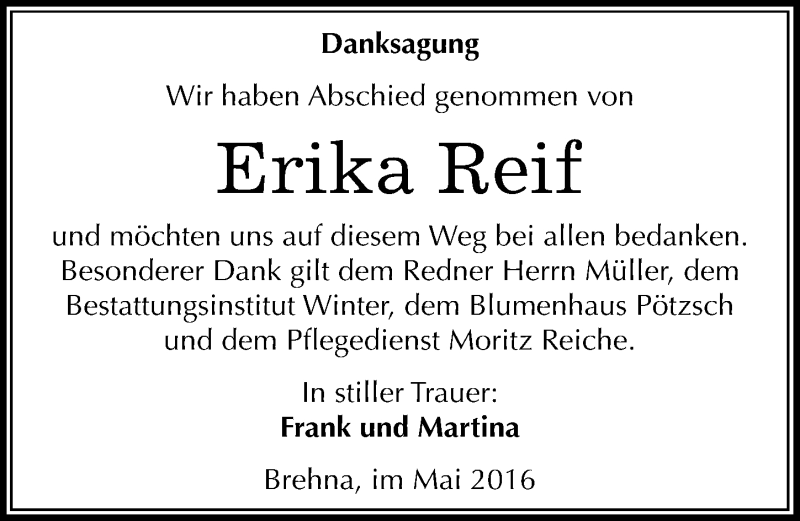  Traueranzeige für Erika Reif vom 28.05.2016 aus Mitteldeutsche Zeitung Bitterfeld