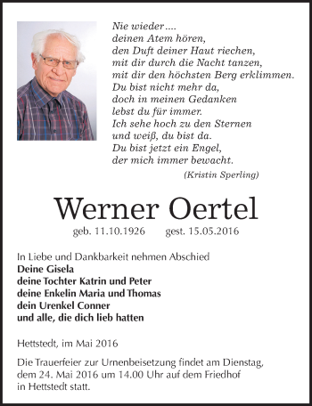 Traueranzeige von Werner Oertel von Mitteldeutsche Zeitung Mansfelder Land