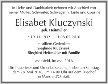 Traueranzeige von Elisabet Kluczynski von Super Sonntag SGH Mansf. Land