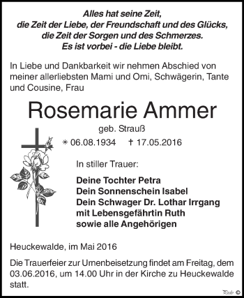 Traueranzeige von Rosemarie Ammer von Super Sonntag Zeitz