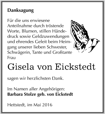 Traueranzeige von Gisela von Eickstedt von Mitteldeutsche Zeitung Mansfelder Land