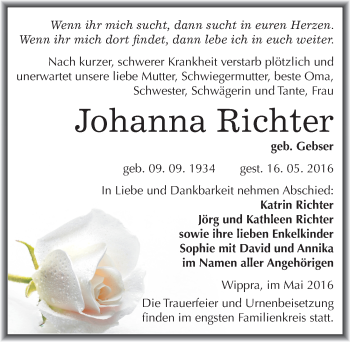 Traueranzeige von Johanna Richter von Mitteldeutsche Zeitung Mansfelder Land