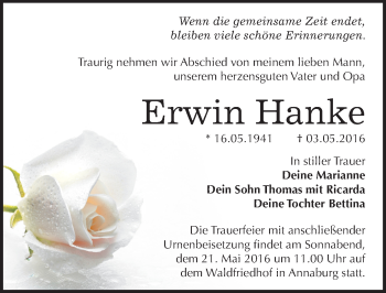 Traueranzeige von Erwin Hanke von Mitteldeutsche Zeitung Wittenberg