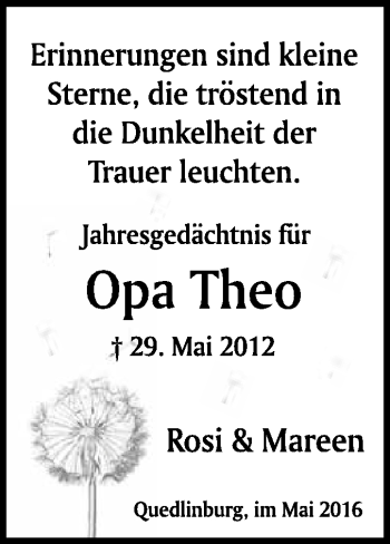 Traueranzeige von Theo  von WVG - Wochenspiegel Quedlinburg