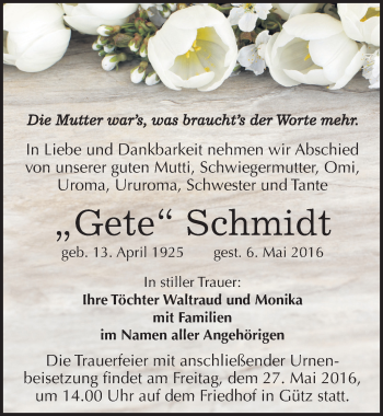 Traueranzeige von Gete Schmidt von Mitteldeutsche Zeitung Halle/Saalkreis