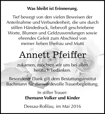 Traueranzeige von Annett Pfeiffer von Mitteldeutsche Zeitung Dessau-Roßlau