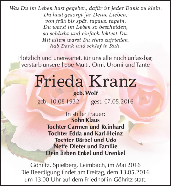 Traueranzeige von Frieda Kranz von Mitteldeutsche Zeitung Merseburg/Querfurt