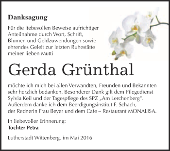 Traueranzeige von Gerda Grünthal von WVG - Wochenspiegel Wittenberg