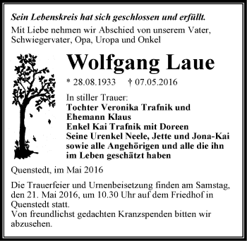 Traueranzeige von Wolfgang Laue von Mitteldeutsche Zeitung Mansfelder Land