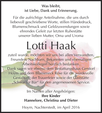 Traueranzeige von Lotti Haak von Super Sonntag Aschersleben