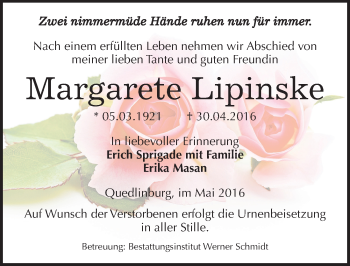 Traueranzeige von Margarete Lipinske von Mitteldeutsche Zeitung Quedlinburg