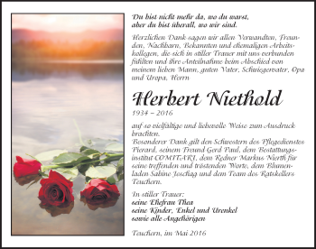 Traueranzeige von Herbert Niethold von Mitteldeutsche Zeitung Weißenfels