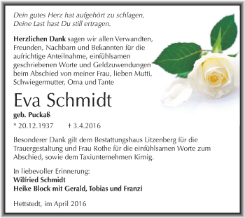 Traueranzeige von Eva Schmidt von Wochenspiegel Mansfelder Land