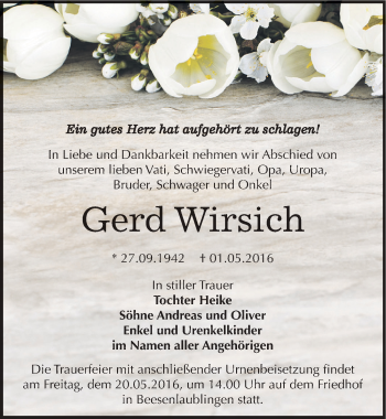 Traueranzeige von Gerd Wirsich von Mitteldeutsche Zeitung Bernburg