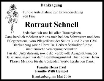 Traueranzeige von Rotraut Schnell von Super Sonntag Quedlinburg